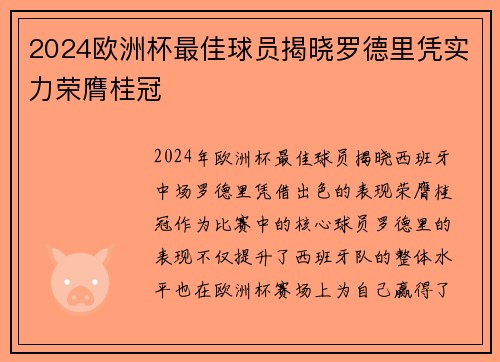 2024欧洲杯最佳球员揭晓罗德里凭实力荣膺桂冠